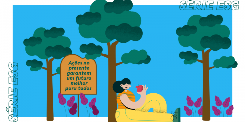ilustra de mulher comendo maça embaixo de uma árvore