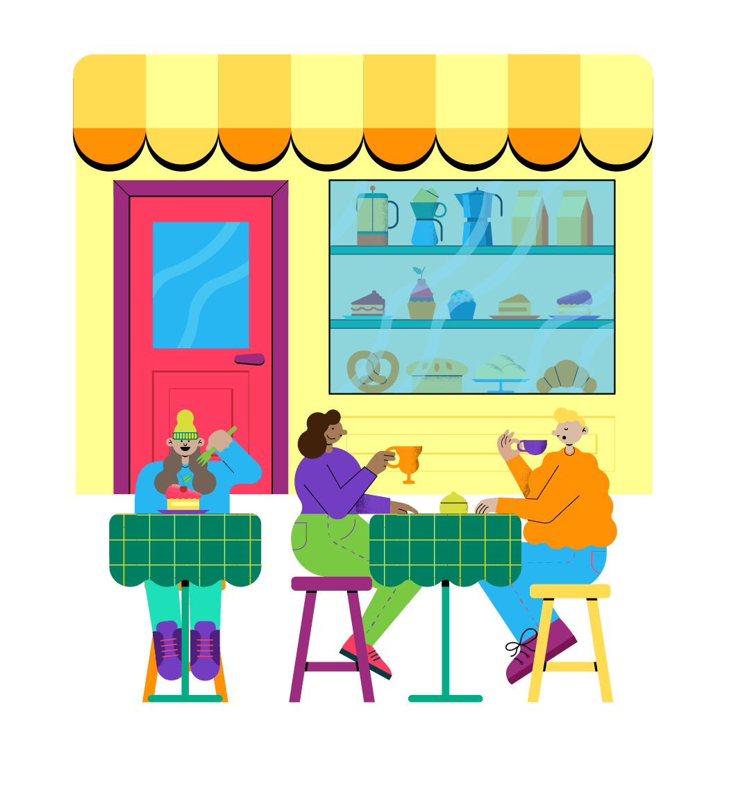 ilustração de um restaurante com pessoas comendo