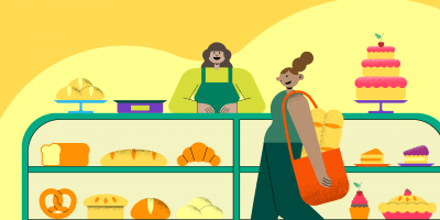 Ilustração de uma vitrine de padaria cheia de pães e bolos