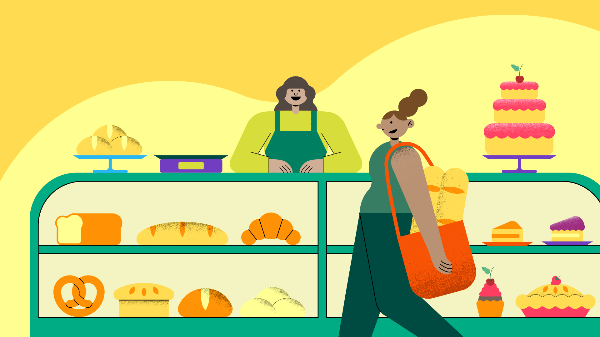 Ilustração de uma vitrine de padaria cheia de pães e bolos