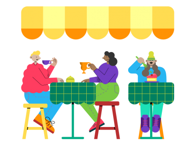 Ilustração de pessoas sentadas em mesas de um restaurante