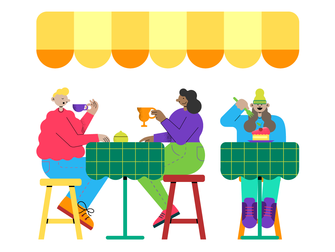 Ilustração de pessoas sentadas em mesas de um restaurante