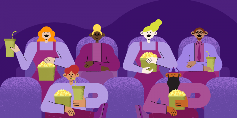 Ilustração de pessoas no cinema comendo pipoca e tomando refri