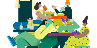 Ilustração de um restaurante lotado