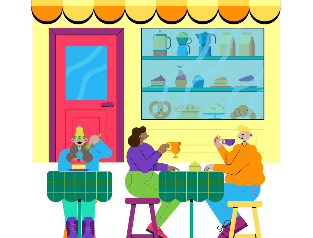 ilustração de um restaurante com pessoas comendo