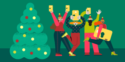 Ilustração de pessoas comemorando o Natal com o Alelo Natal