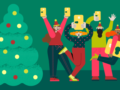 Ilustração de pessoas comemorando o Natal com o Alelo Natal