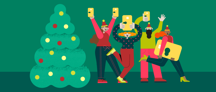 Ilustração de pessoas comemorando o Natal com o Alelo Natal