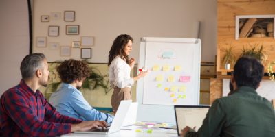 Reunião de equipe em que desenha-se um organograma no quadro branco